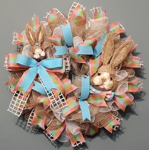 Hand Crafted Easter Bunny Wreath with Blue and Tan Accents